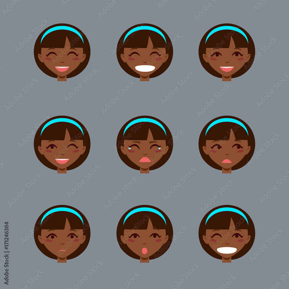 Set of emotional character. Cartoon style emotion icons. Isolated black girl avatars with different facial expressions. Flat illustration women's faces. Hand drawn vector drawing emoji.