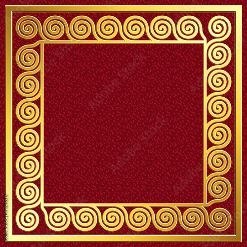 Golden square frame with traditional vintage Greek Meander pattern on red background for design template.