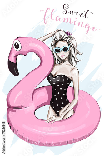 Beautiful young girl in swimsuit swimming with pink inflatable flamingo. Sketch. Summer set. Vector illustration.
