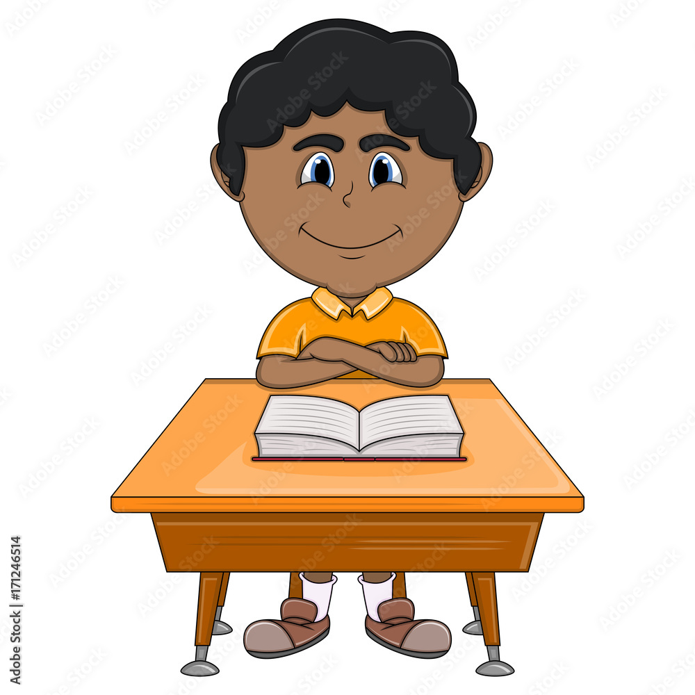 Boy studying with school table cartoon