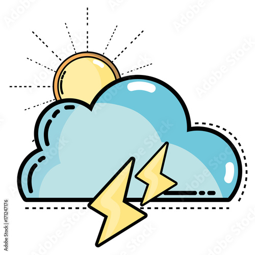 cute cloud with sun and thunder weather vector illustration
