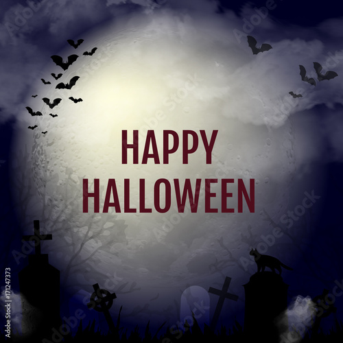 Halloween design background with spooky graveyard, naked trees, black cat, graves and bats and Copyspace