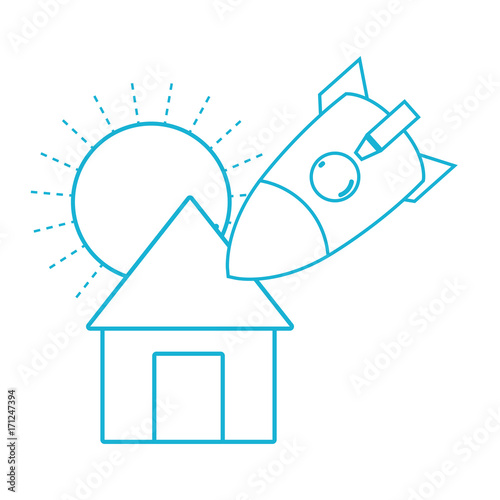 line sun and rocket crashed with the roof house vector illustration