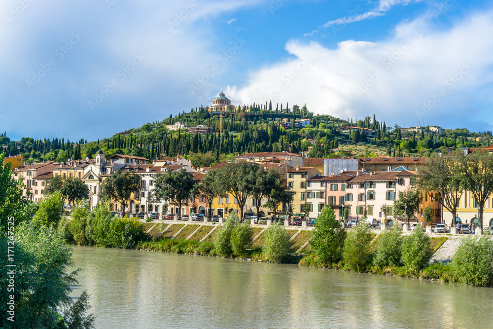 View over Adige river on Sanctuary of the Madonna of Lourdes, Verona
