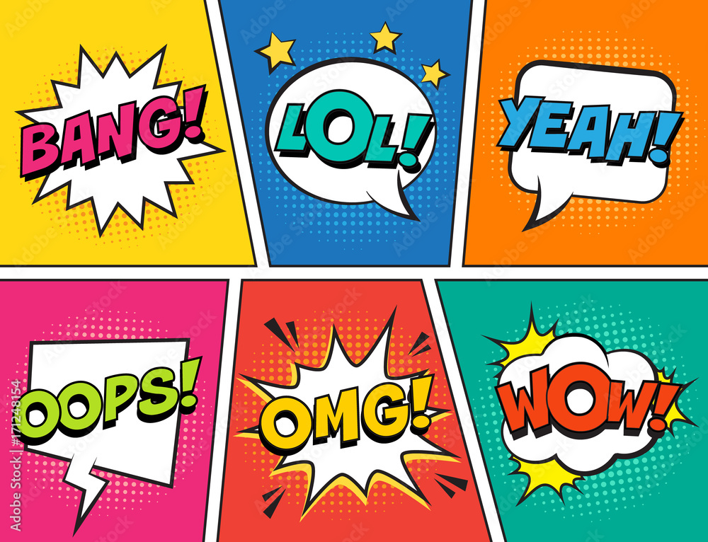 Obraz premium Retro comic speech bubbles set on colorful background. Expression text LOL, OMG, WOW, YEAH, OOPS, BANG. Vector illustration, vintage design, pop art style.