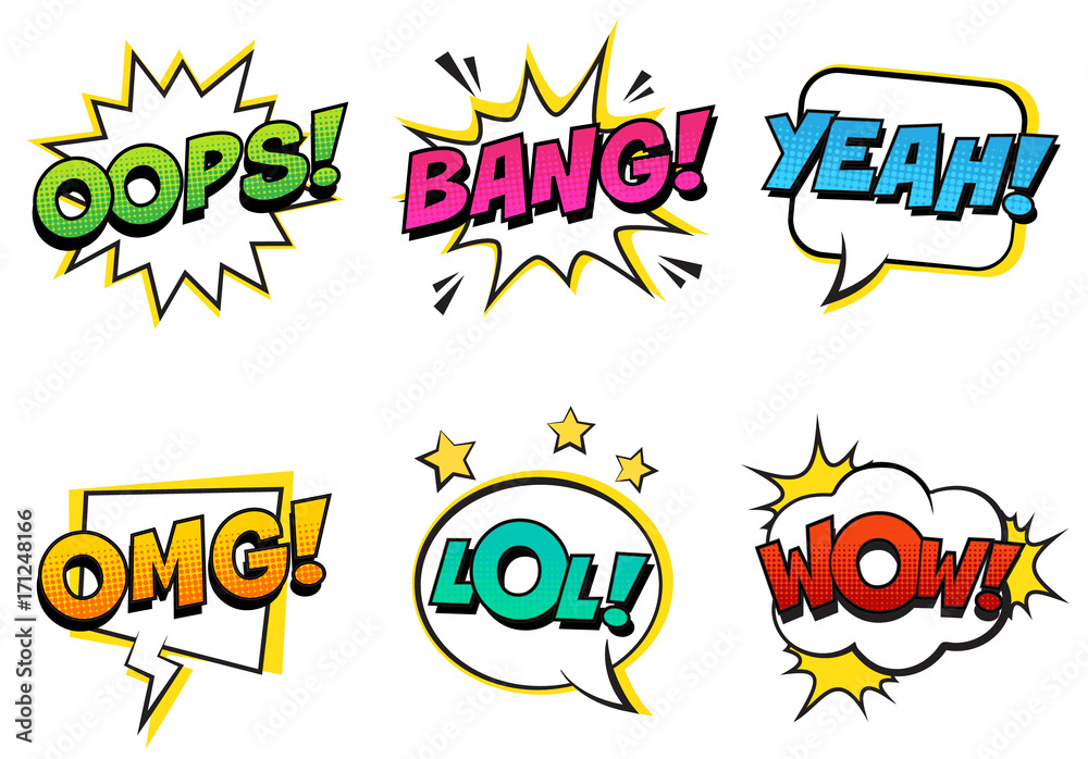 Retro comic speech bubbles set with colorful halftone shadows on white ...