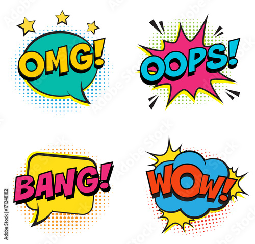 Retro colorful comic speech bubbles set with colorful halftone shadows on white background. Expression text BANG, OMG, WOW, OOPS. Vector illustration, vintage design, pop art style.