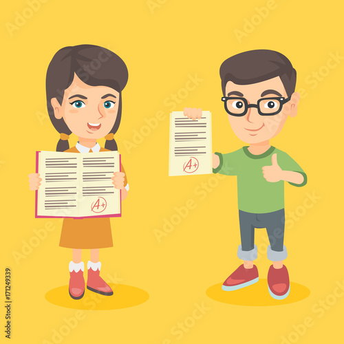 Happy caucasian pupils holding sheets with the highest mark and giving thumb up. Cheerful smart pupils showing papers with best mark. Vector sketch cartoon illustration isolated on white background.