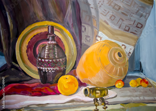 Still life. A painting depicting a still life, a vase, dishes, a bouquet and fruit. photo