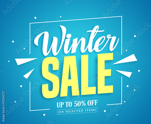 Winter sale vector banner design with sale up to 50% off in blue background for winter season marketing promotion. Vector illustration.
