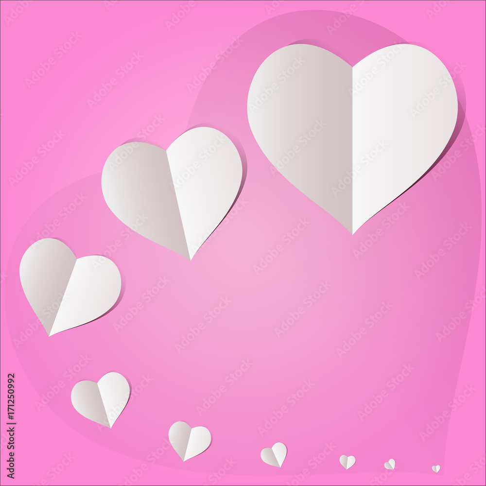 illustration of love and valentine day. white paper hearts on pink background. paper art style.