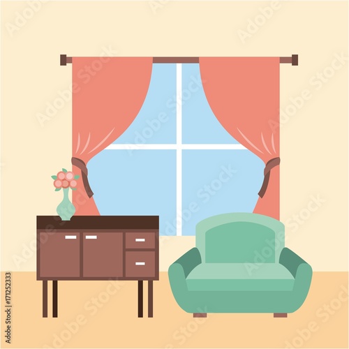 living room interior a sofa furniture cabinet drapes window and flower vase vector illustration