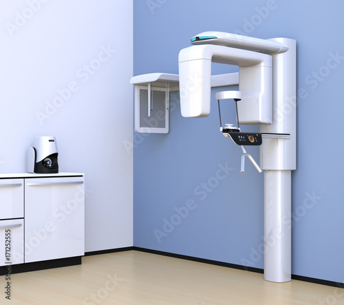 Dental X-ray interior design in light blue color theme. 3D rendering image. photo