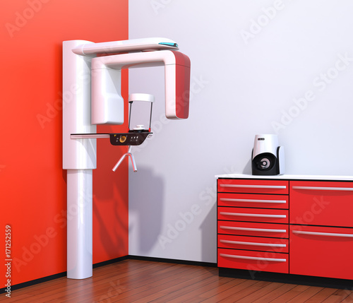 Dental X-ray interior design in red color theme. 3D rendering image. photo