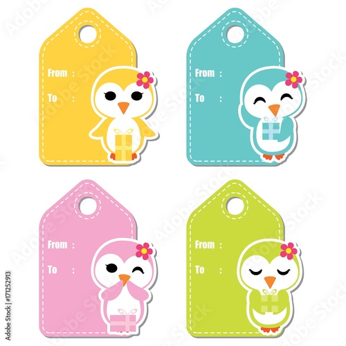 Cute penguin girls on colorful background vector cartoon illustration for birthday gift tag design, label tag and stciker set design photo