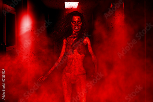 3d illustration of aggressive zombie woman,Horror background mixed media
