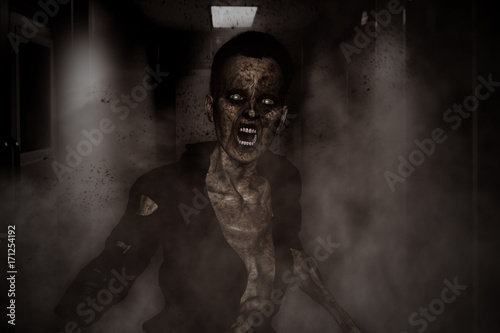 3d illustration of aggressive zombie,Horror background mixed media