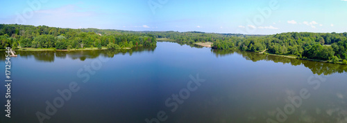 Beautiful rural panorama lanscape with lake and dock pier, silver creek lake, Ohio
