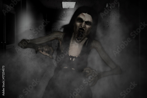 Tableau sur toile 3d illustration of scary angry ghost woman screaming in haunted house,Horror bac