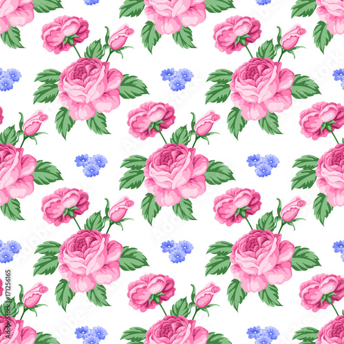 Seamless pattern with roses and flowers. Vector Illustration in retro style
