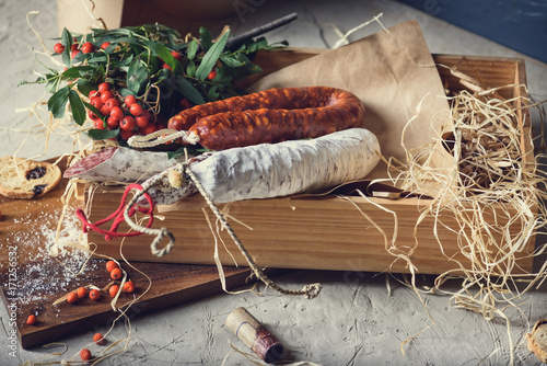 Fuet - salami. Meat snack in a box.Various smoked sausages.