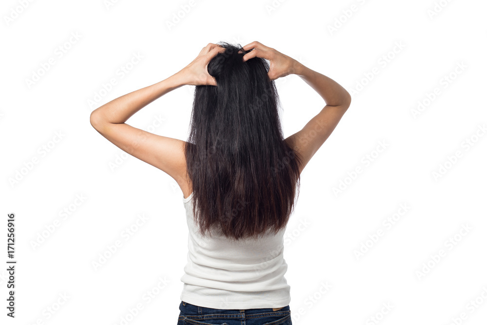 Women itching scalp itchy his hair isolated on white background Women itching scalp itchy his hair isolated on white background