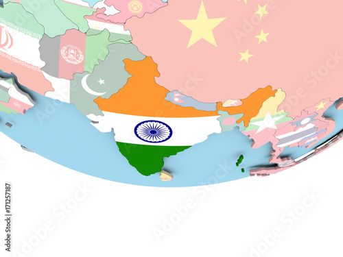 Map of India with flag on globe © harvepino