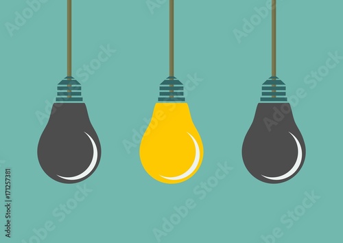 Row of hanging lightbulbs with one burning on blue background. Inspiration, discovery, idea and insight concept. Flat design. Vector illustration.