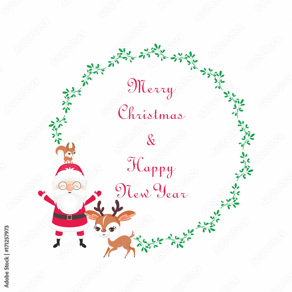 Fototapeta premium Christmas round floral frame with the image of a cute woodland animals and Santa. Vector background.