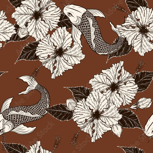 Wallpaper Mural Koi fish and Hibiscus flower pattern by hand drawing.Tattoo art highly detailed in line art style.Fish and flower seamless pattern on batik cloth. Torontodigital.ca