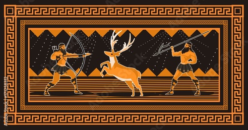 greek men hunting a deer