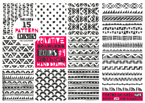 Set of 8 primitive geometric patterns collection. Includes 15 pattern brushes for Illustrator. Modern trendy prints in linocut style. Vector illustration. EPS10. photo