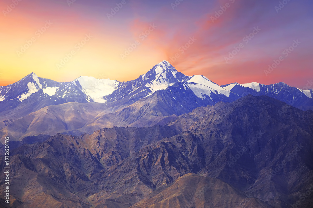 Close up of Himalayas mountains with beautiful sunrise scenery
