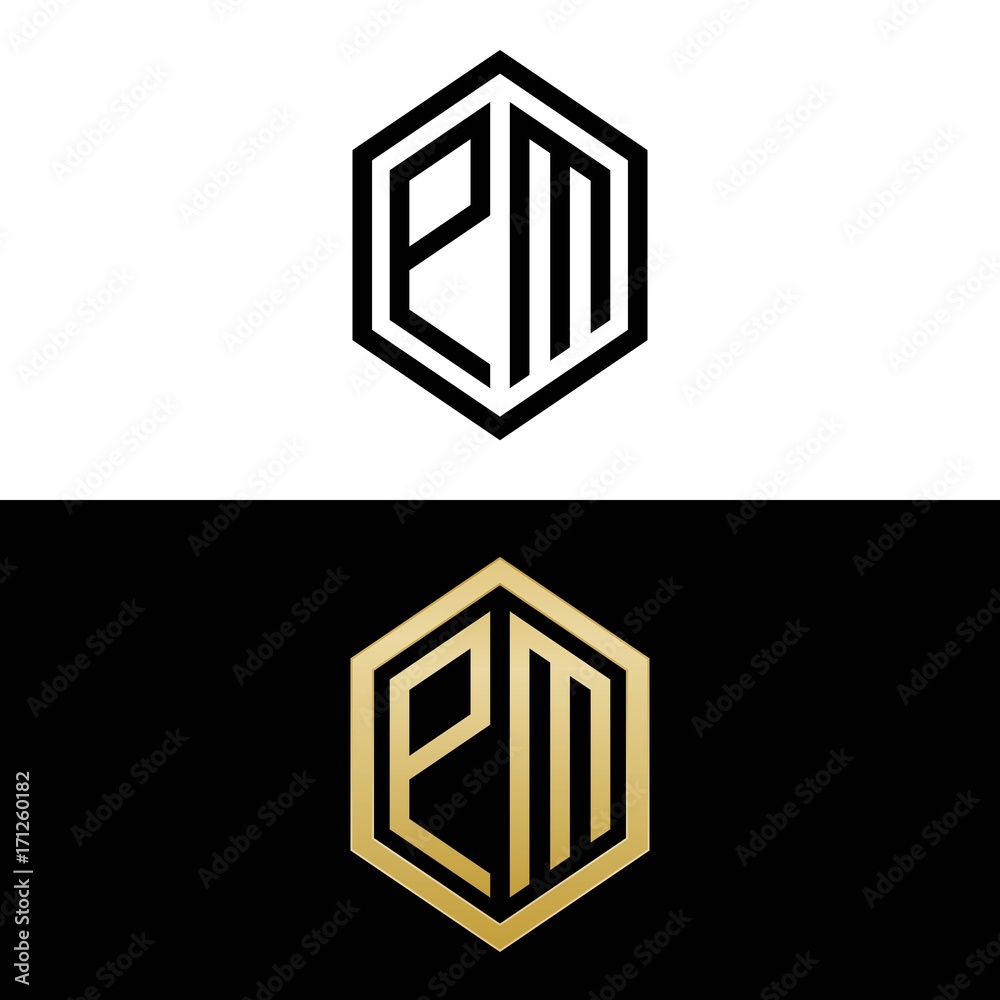 initial letters logo pm black and gold monogram hexagon shape vector