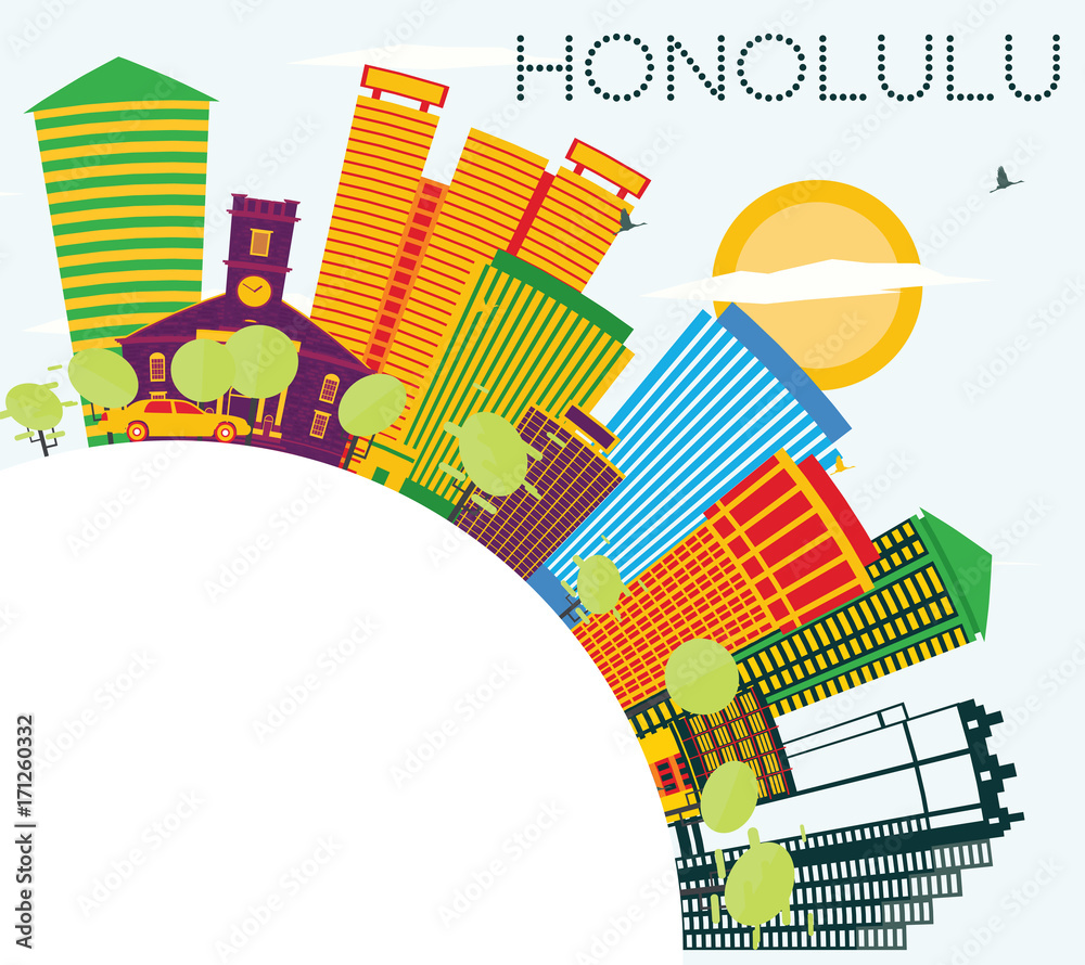 Honolulu Skyline with Color Buildings, Blue Sky and Copy Space.