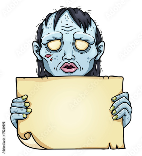 Cartoon zombie woman with sheet of paper in her heands