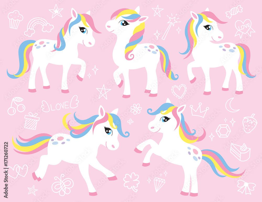 Cute white little pony or horse vector illustration set with cute graphic elements such as rainbow, star, moon, cupcake, crown, diamond, etc.