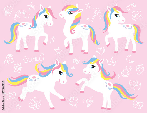 Wallpaper Mural Cute white little pony or horse vector illustration set with cute graphic elements such as rainbow, star, moon, cupcake, crown, diamond, etc