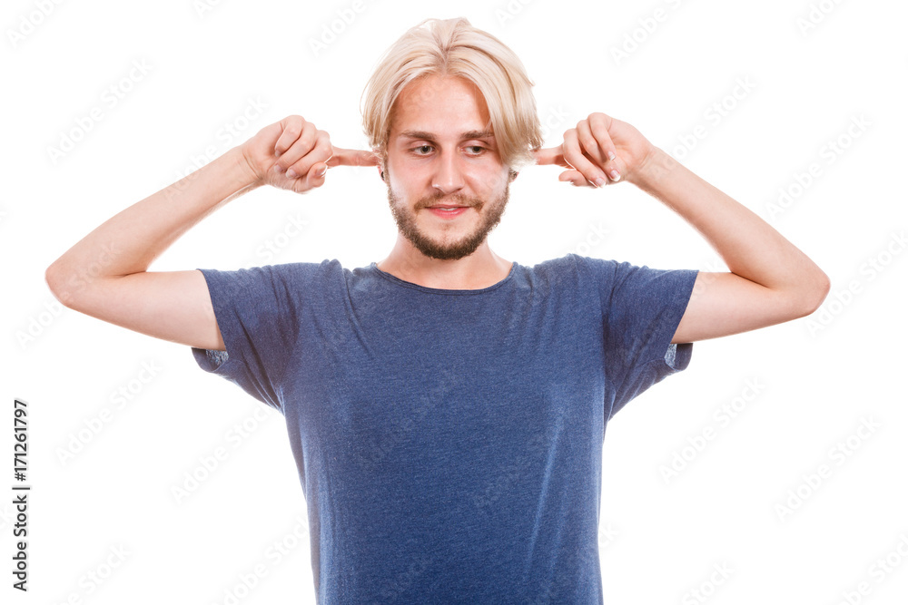 man plug closing ears with fingers man plug closing ears with fingers