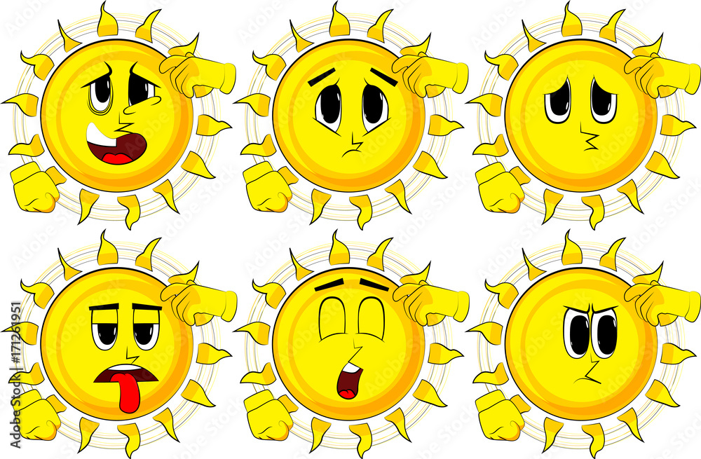 Cartoon confused sun. Collection with sad faces. Expressions vector set.
