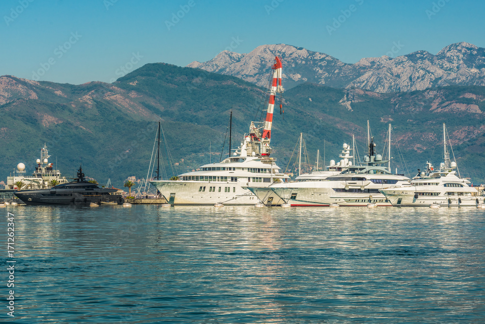 Elite area of  Tivat in Montenegro -  luxury yacht marina  Mediterranean sea .