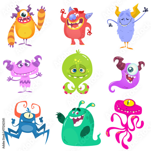 Cartoon Monsters. Vector set of cartoon monsters isolated. Design for print, party decoration, t-shirt, illustration, logo, emblem or sticker