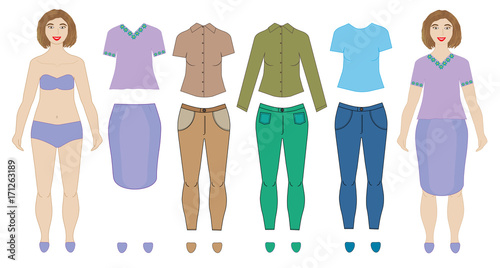 Dolls (woman) and collection of clothes, vector