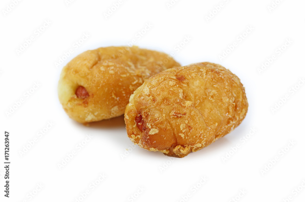 two baked bun with sausage inside isolated on white background.