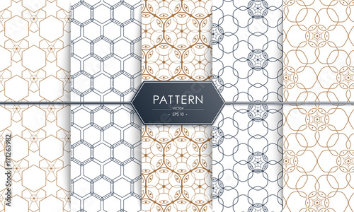 Vector Seamless geometric golden and blue Pattern set wit Rounded Lines, polygon, Abstract Background