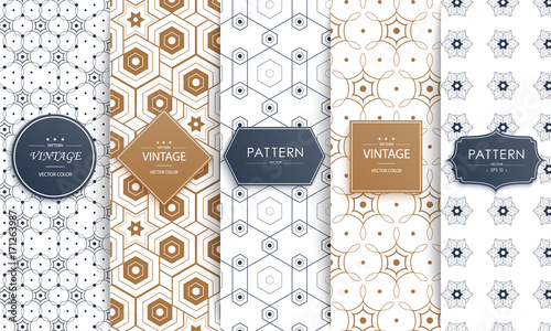 Vector Seamless geometric golden and blue Pattern set wit Rounded Lines, polygon, Abstract Background