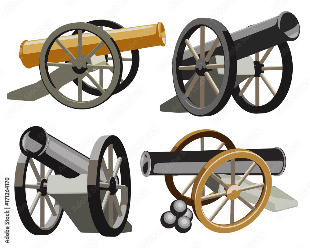 Set of ancient guns on a white background. Vintage cannons of artillery. Vector illustration