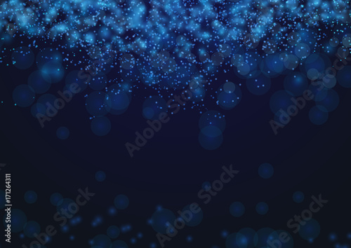 Dark blue light abstract glittering bokeh background. Festive new year card layout template