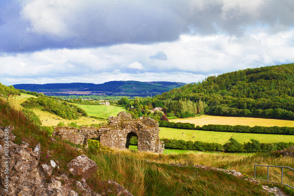 Countryside landscape with ruined castle, hills, forest, meadows and sky. County Laois, Ireland
