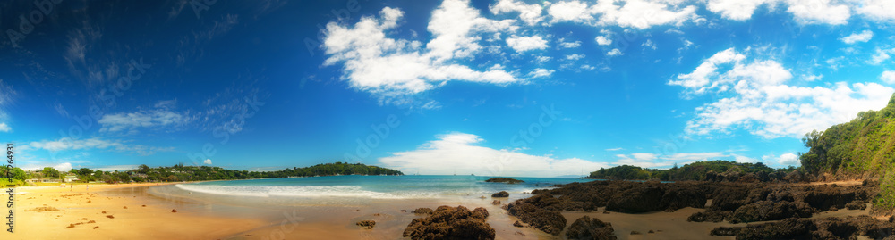 Panorama of sand beach and blue sea